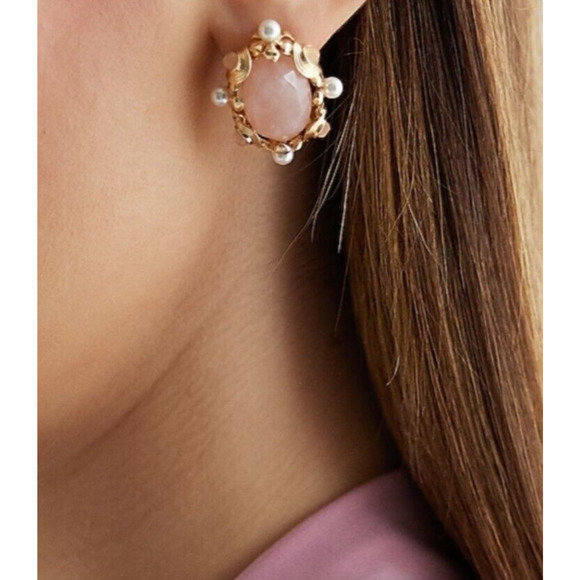 Express Pearl Embellished Stone Oval Stud Earrings Pink White Gold - Picture 3 of 9